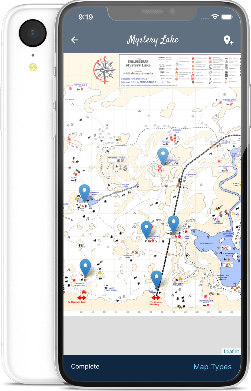 Mystery Lake map with 6 custom pins dropped in it in the app
